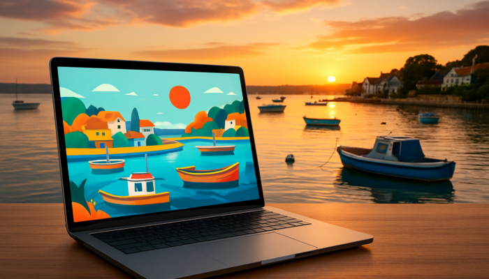 Laptop showing vibrant small business website design in Poole with Poole Harbour sunset backdrop