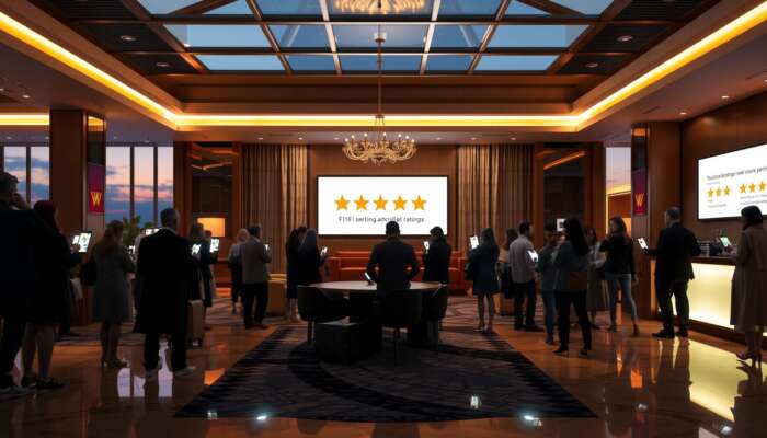 Luxurious hotel lobby at dusk, guests viewing five-star ratings and positive reviews on smartphones, symbolising ratings' influence on travel decisions.