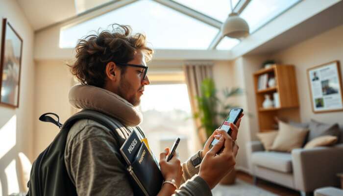A traveller in a sunlit room packs a backpack with essentials such as passports, snacks, a neck pillow, and tech gadgets while reviewing a bus schedule on a smartphone.