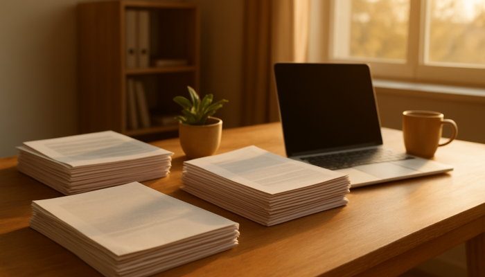 Organised desk in Beaufort West office featuring stacked loan documents like bank statements illuminated by warm sunlight.