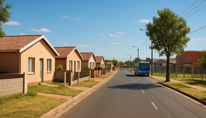 Vibrant suburban street in Springs, South Africa, featuring modest entry-level homes close to schools and shopping centers.