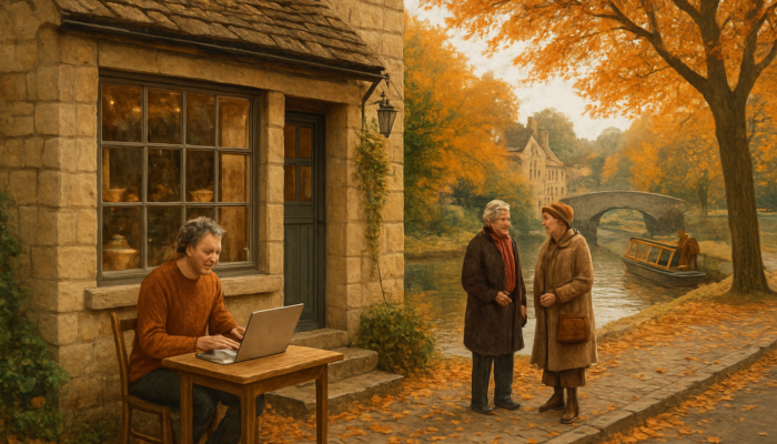 Charming Bradford-on-Avon stone storefront with owner blogging among autumn canal scenery and local residents
