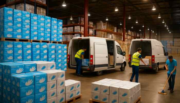 Hucknall warehouse filled with bulk boxes of vinyl gloves while delivery vans load supplies under bright lighting.