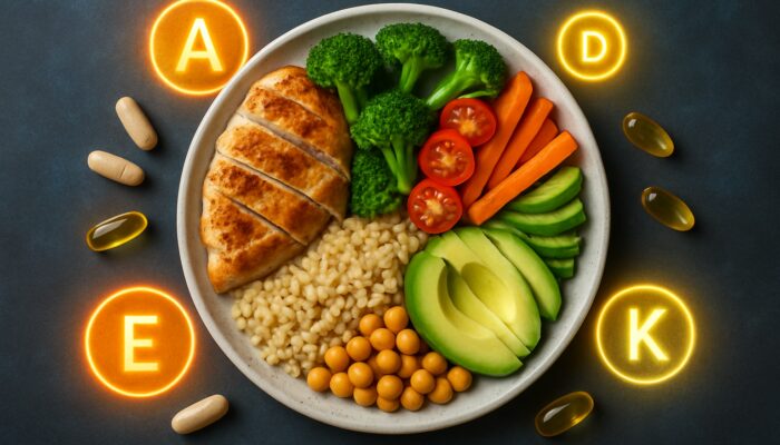 Balanced plate with protein, carbohydrate, fat sections alongside supplement capsules and vitamin icons