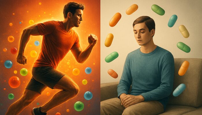 Contrasting illustration of energetic athlete with antioxidant multivitamins beside calm sedentary figure with nutrient capsules.