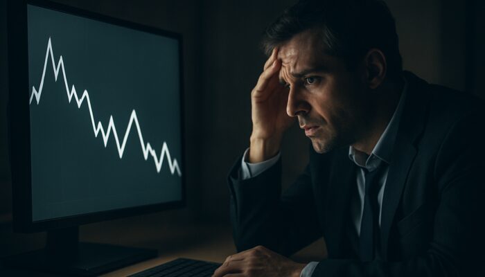 Stressed trader anxiously observing a zigzagging chart with false breakouts and whipsaws in dim light