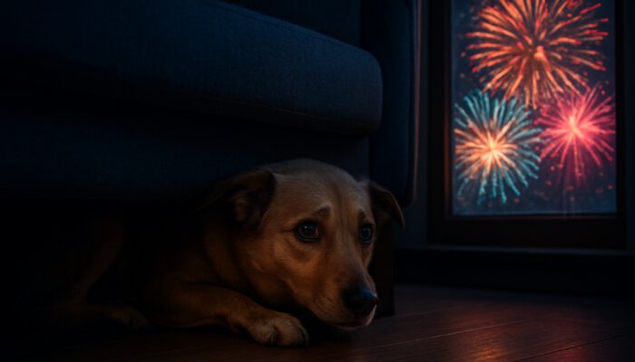 Scared dog trembling under couch with pinned ears during colourful nighttime fireworks
