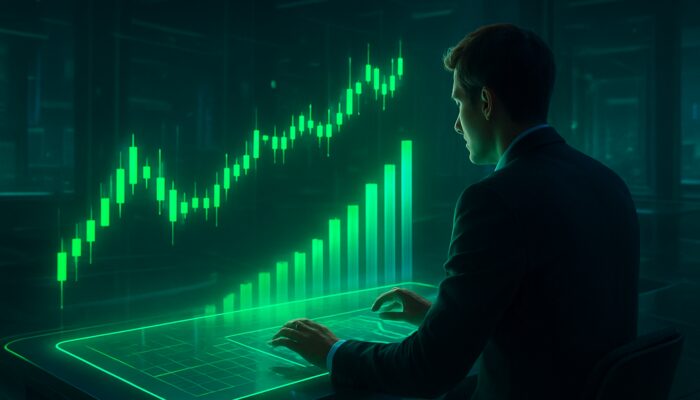 Dynamic trader reviewing holographic candlestick charts and green volume confirmation signals on futuristic desk