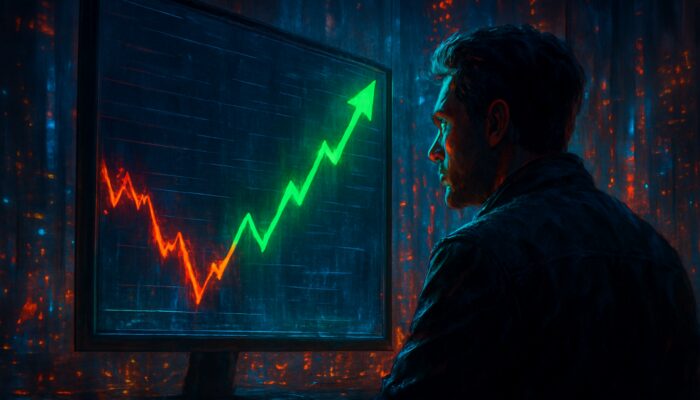 Trader observes plunging stock chart rebound sharply with green arrows in cyberpunk city
