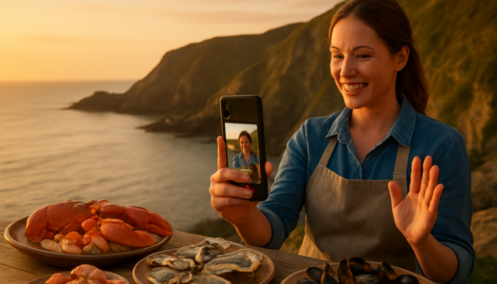 Ilfracombe business owner filming a TikTok video featuring coastal cliffs and seafood at sunset