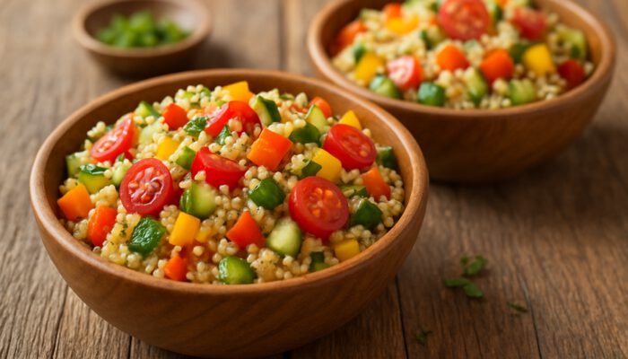 Vibrant quinoa salad bowls with bell peppers, cucumbers, and tomatoes on a wooden table.