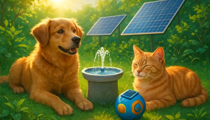 Dog and cat relaxing with solar-powered pet gadgets in a sunny eco-garden featuring solar panels.