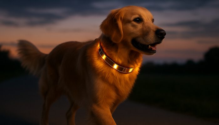 Golden retriever at dusk wearing a glowing solar-powered LED collar equipped with solar panels for enhanced visibility.