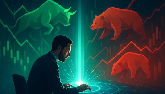 Trader evaluating vibrant indicators converging into a signal beam amidst bullish and bearish trends