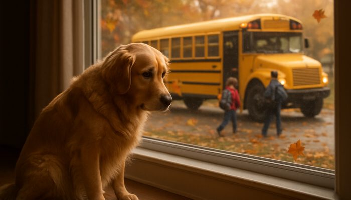 Anxious golden retriever by window watches children board school bus amid falling autumn leaves.