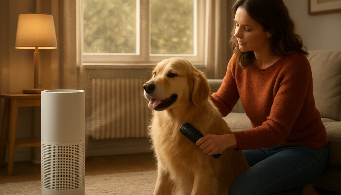 Owner grooming golden retriever beside air purifier in cozy living room with spring pollen outside.