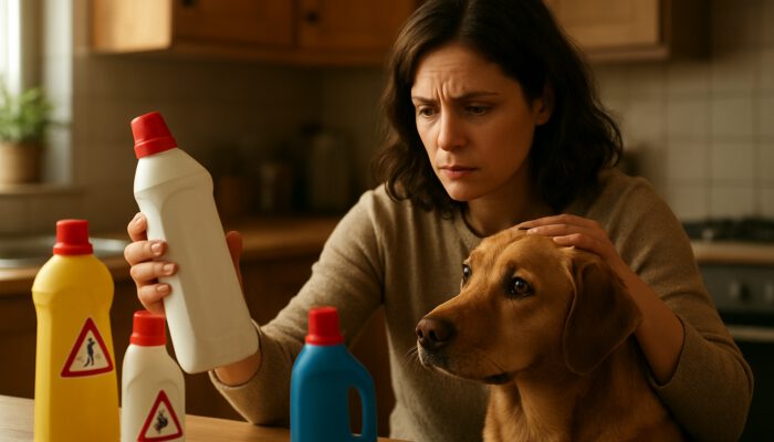 Concerned owner reads cleaner labels shielding dog from toxic bleach bottles in kitchen