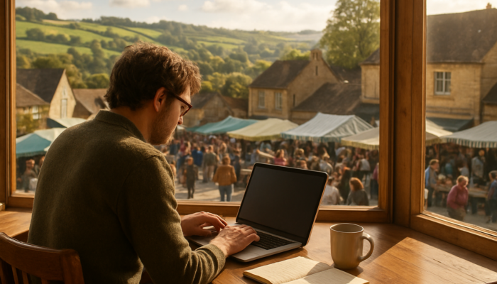 Writer at laptop in sunlit Stroud cafe overlooking Cotswolds hills and local market