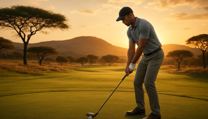 Concentrated golfer in a balanced stance with a secure grip on a picturesque South African fairway at sunset