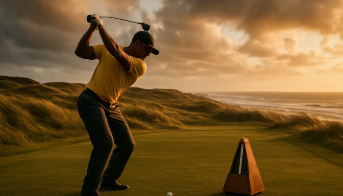 Dedicated South African golfer mid-swing with metronome on a windy coastal fairway during golden hour