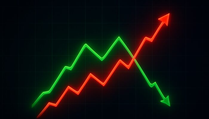 Abstract digital art of two glowing intertwined stock charts on dark grid symbolising trading correlations.