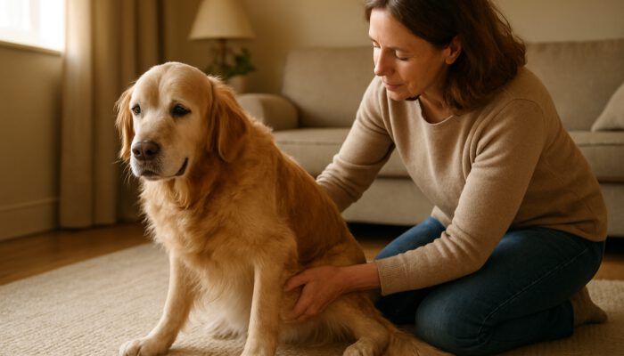 Owner gently flexing aging golden retriever's hind leg to assess joint flexibility at home