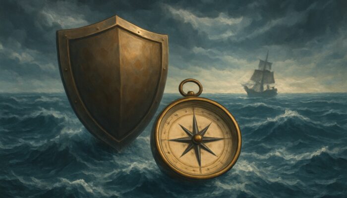 Shield and compass guiding ship through stormy waves to stable horizon, symbolising risk management resilience.