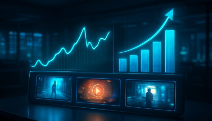 Futuristic dashboard showcasing holographic graphs of real-time video ad click-through rates and conversions.