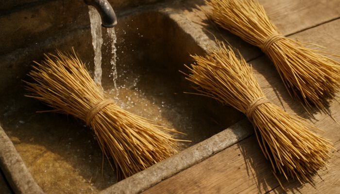 Golden hay bundles rinsed under water in rustic sink then air-drying on sunlit wood.