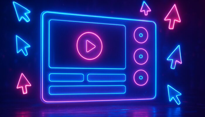 Futuristic interactive video interface featuring clickable options, hotspots, and floating cursors.