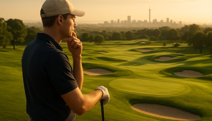 Focused golfer visualising bunkers and greens on a sunlit Johannesburg golf course