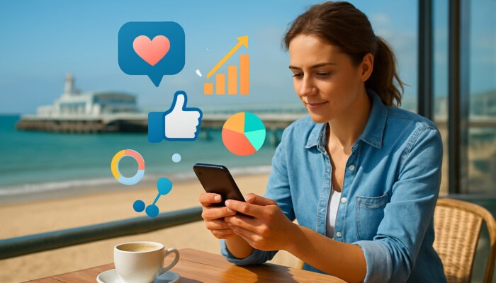 Small business owner strategising social media on smartphone in Bournemouth beach café with charts and sea view