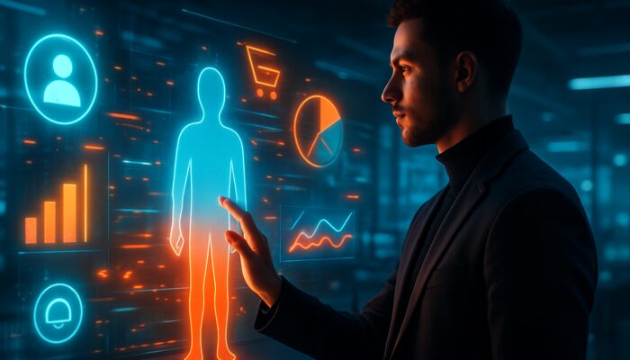 Futuristic marketer analysing holographic buyer personas and survey data in a sleek e-commerce hub.