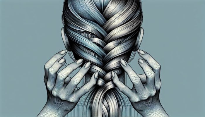 A woman's hands skillfully braiding hair in the waterfall style with precision and elegance.