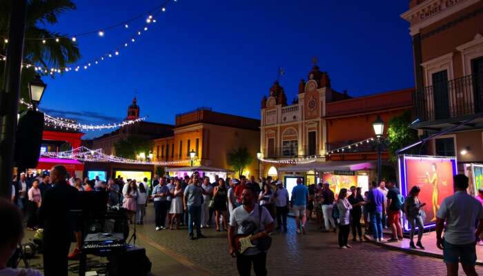 Energetic Cervantino Festival scene in San Miguel de Allende: jazz musicians illuminated by lights, theatrical performances in plazas, art displayed in colonial buildings, and a lively crowd.