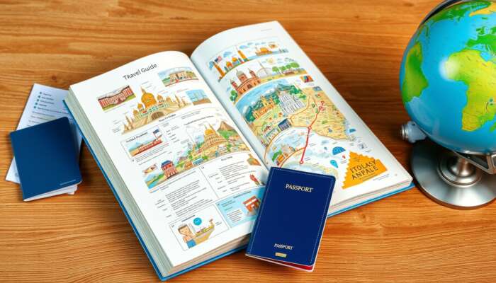 Colourful illustration of an open travel guide book on a wooden table featuring maps, landmark photos, itineraries, a globe, and a passport.