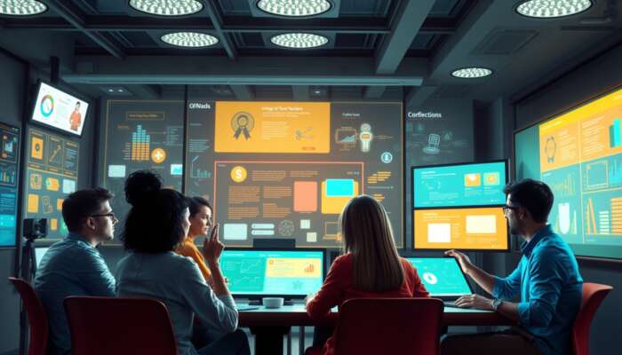 In a vibrant digital workspace, diverse users engage with intuitive tools on glowing screens, receiving animated feedback for enhanced interaction and learning.