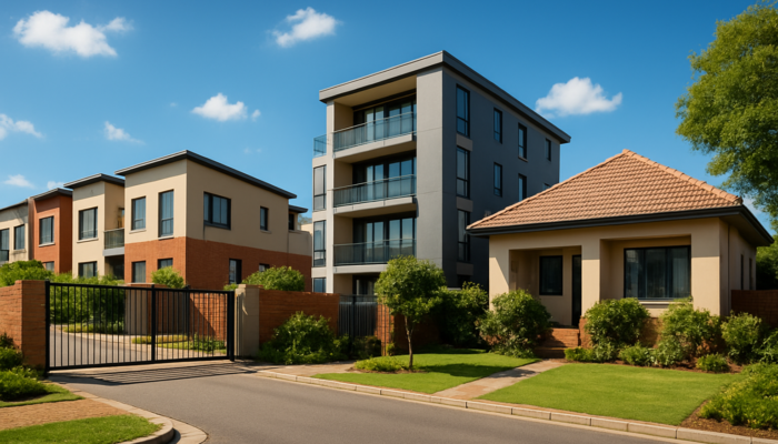 Vibrant South African neighbourhood featuring modern townhouses, urban flats, and duplexes beneath a clear blue sky.