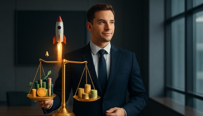 Confident trader balancing a golden scale with soaring rockets and diverse assets in a sleek office