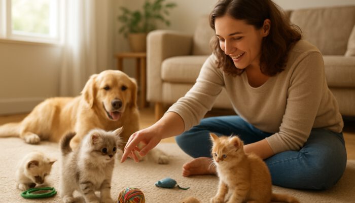 Owner gently interacts with curious kittens surrounded by toys in a sunlit room for socialization.