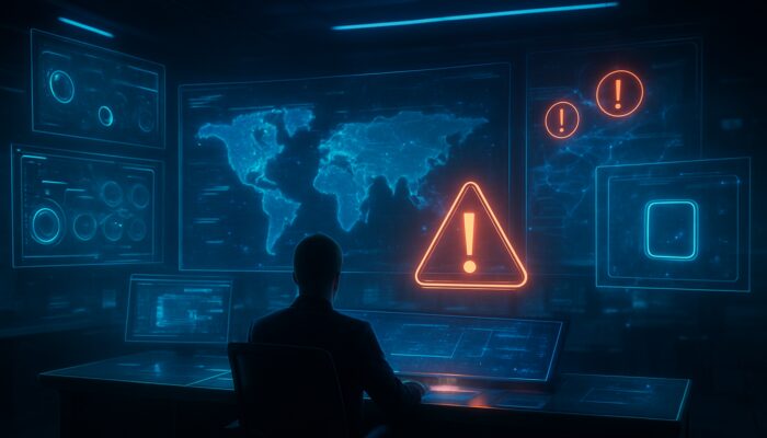 Futuristic command centre with glowing holographic dashboards displaying real-time competitor alerts and product launches in blue light.
