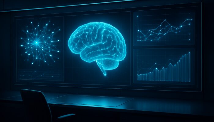 Futuristic AI dashboard with glowing neural networks, accuracy metrics, and holographic competitor pricing graphs in a high-tech room.
