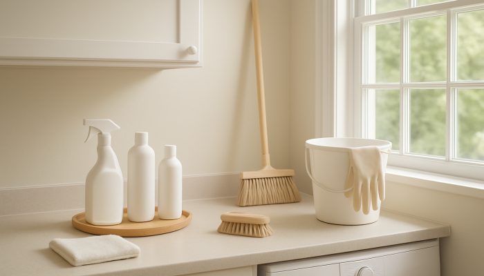 Immaculate Yeovil home interior with decluttered surfaces and neatly arranged cleaning tools in natural light.
