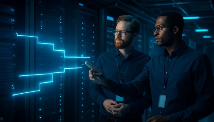 Engineers coordinating exchange maintenance downtime with holographic timelines in high-tech server room.