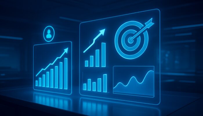 Futuristic blue performance tracking dashboard showcasing holographic charts and upward-trending graphs.
