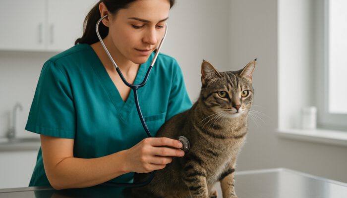 Veterinarian examines calm tabby cat with stethoscope before surgery in clinic