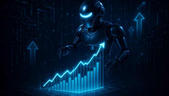 AI trading bot hovering over surging neon blue momentum charts in a cybernetic interface
