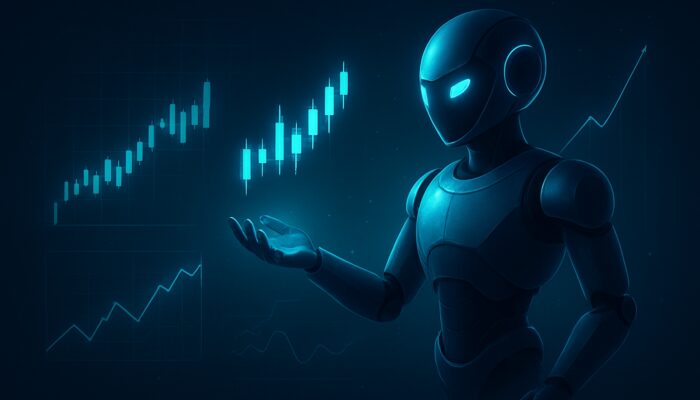 AI trading bot analysing holographic candlestick charts and backtest metrics for momentum strategy validation
