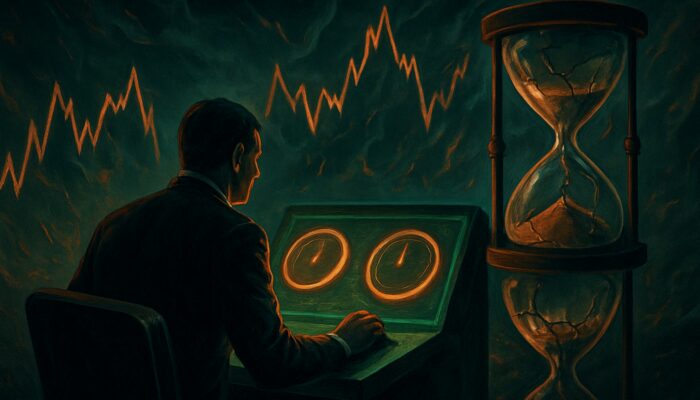 Trader evaluating Day versus GTC orders at terminal amidst volatile charts and hourglasses