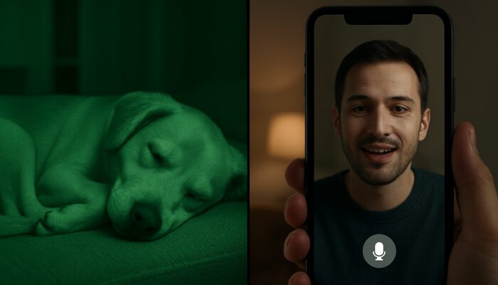 Split-screen night vision of sleeping dog with two-way audio on smartphone app.